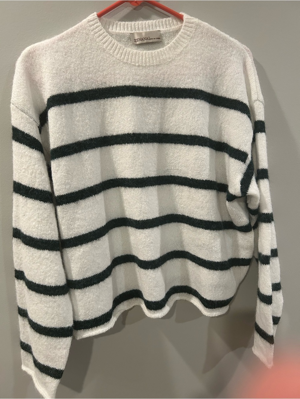 Zenana White Crewneck Sweater with Dark Green Stripes